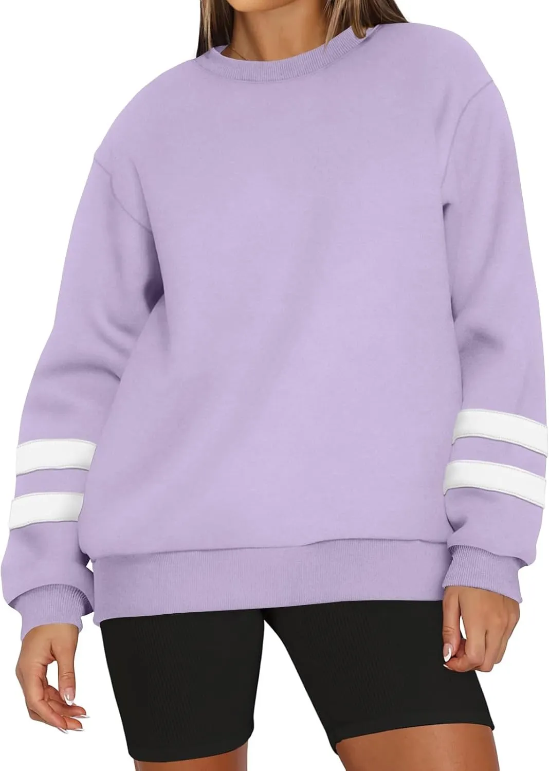 Crew Neck Sweatshirts Women Plus Size Fleece Striped Sweatshirt Oversized Athletic Active Drop Shoulder Pullover