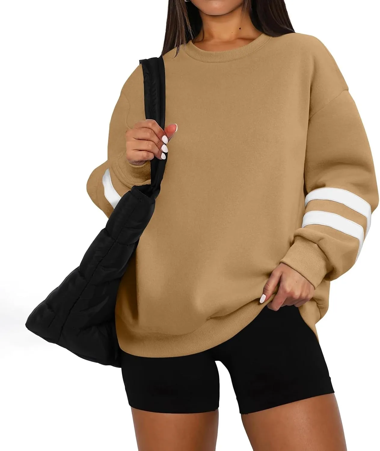 Crew Neck Sweatshirts Women Plus Size Fleece Striped Sweatshirt Oversized Athletic Active Drop Shoulder Pullover