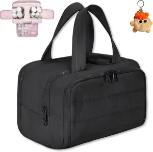 Cureaway Travel Cosmetic Bag, Large Capacity Wide-Open Travel Cosmetic Bag, 4-In-1 Puffy Multi-Functional Toiletry Bag for Women, Divider and Handle, Lightweight (BLACK)