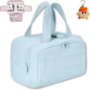 Cureaway Travel Cosmetic Bag, Large Capacity Wide-Open Travel Cosmetic Bag, 4-In-1 Puffy Multi-Functional Toiletry Bag for Women, Divider and Handle, Lightweight (BLUE)