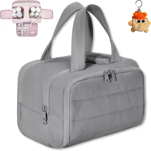 Cureaway Travel Cosmetic Bag, Large Capacity Wide-Open Travel Cosmetic Bag, 4-In-1 Puffy Multi-Functional Toiletry Bag for Women, Divider and Handle, Lightweight (GREY)