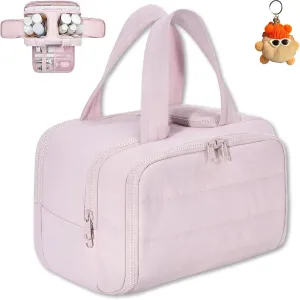 Cureaway Travel Cosmetic Bag, Large Capacity Wide-Open Travel Cosmetic Bag, 4-In-1 Puffy Multi-Functional Toiletry Bag for Women, Divider and Handle, Lightweight (PINK)