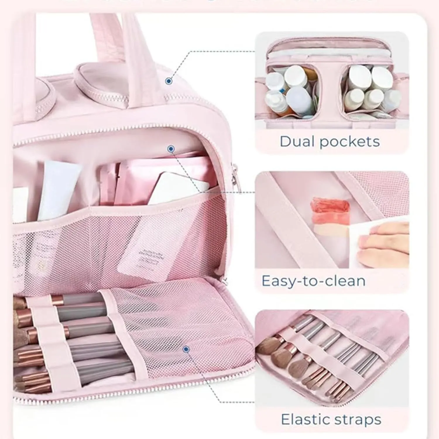 Cureaway Travel Cosmetic Bag, Large Capacity Wide-Open Travel Cosmetic Bag, 4-In-1 Puffy Multi-Functional Toiletry Bag for Women, Divider and Handle, Lightweight (PINK)
