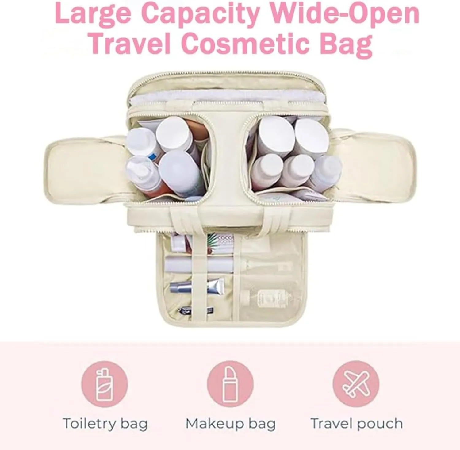Cureaway Travel Cosmetic Bag, Large Capacity Wide-Open Travel Cosmetic Bag, 4-In-1 Puffy Multi-Functional Toiletry Bag for Women, Divider and Handle, Lightweight (PINK)