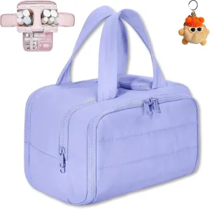 Cureaway Travel Cosmetic Bag, Large Capacity Wide-Open Travel Cosmetic Bag, 4-In-1 Puffy Multi-Functional Toiletry Bag for Women, Divider and Handle, Lightweight (PURPLE)
