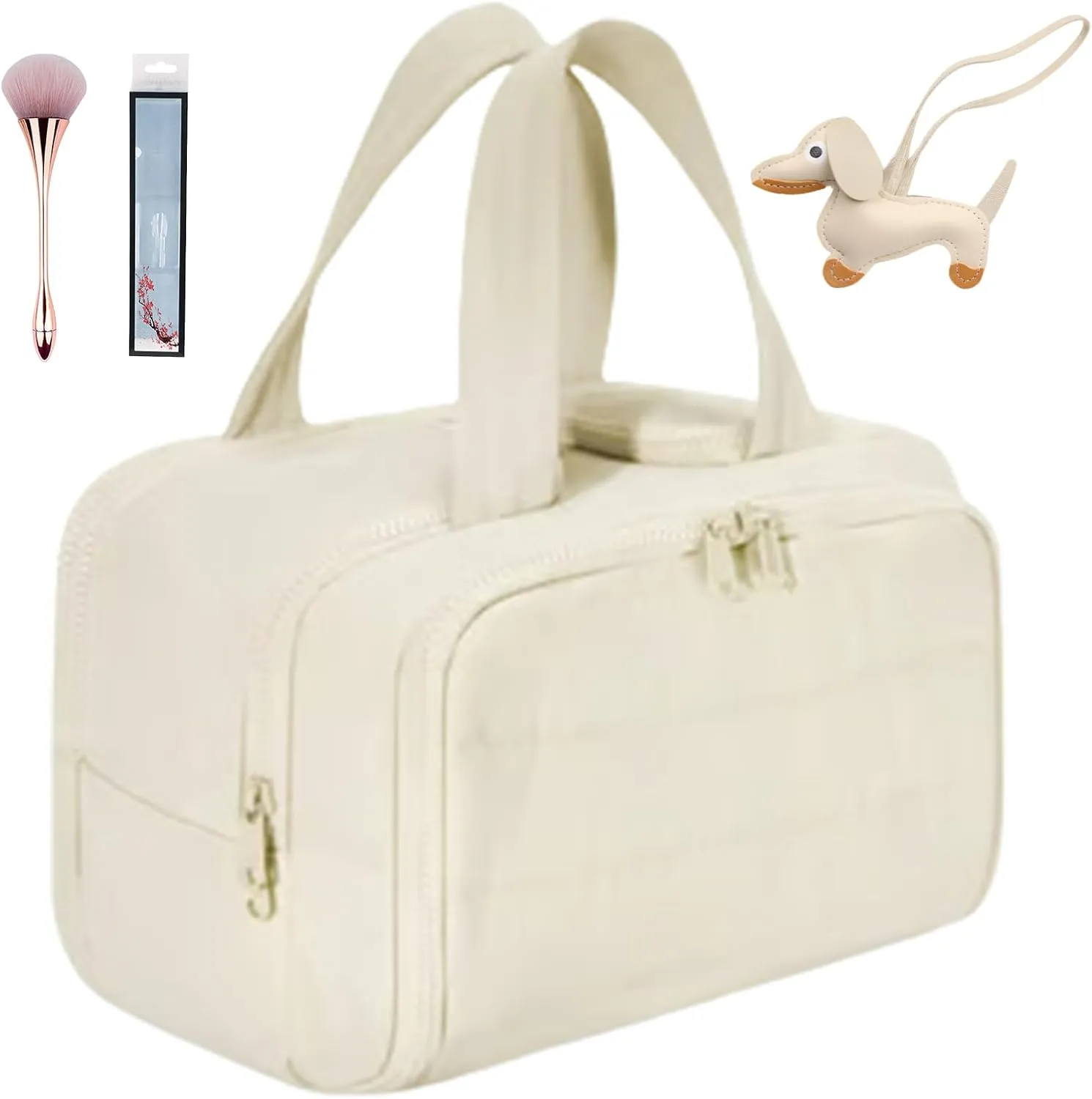 Cureaway Travel Cosmetic Bag, Large Capacity Wide-Open Travel Cosmetic Bag, 4-In-1 Puffy Multi-Functional Toiletry Bag for Women, Organizer Waterproof Lightweight Portable (Beige)