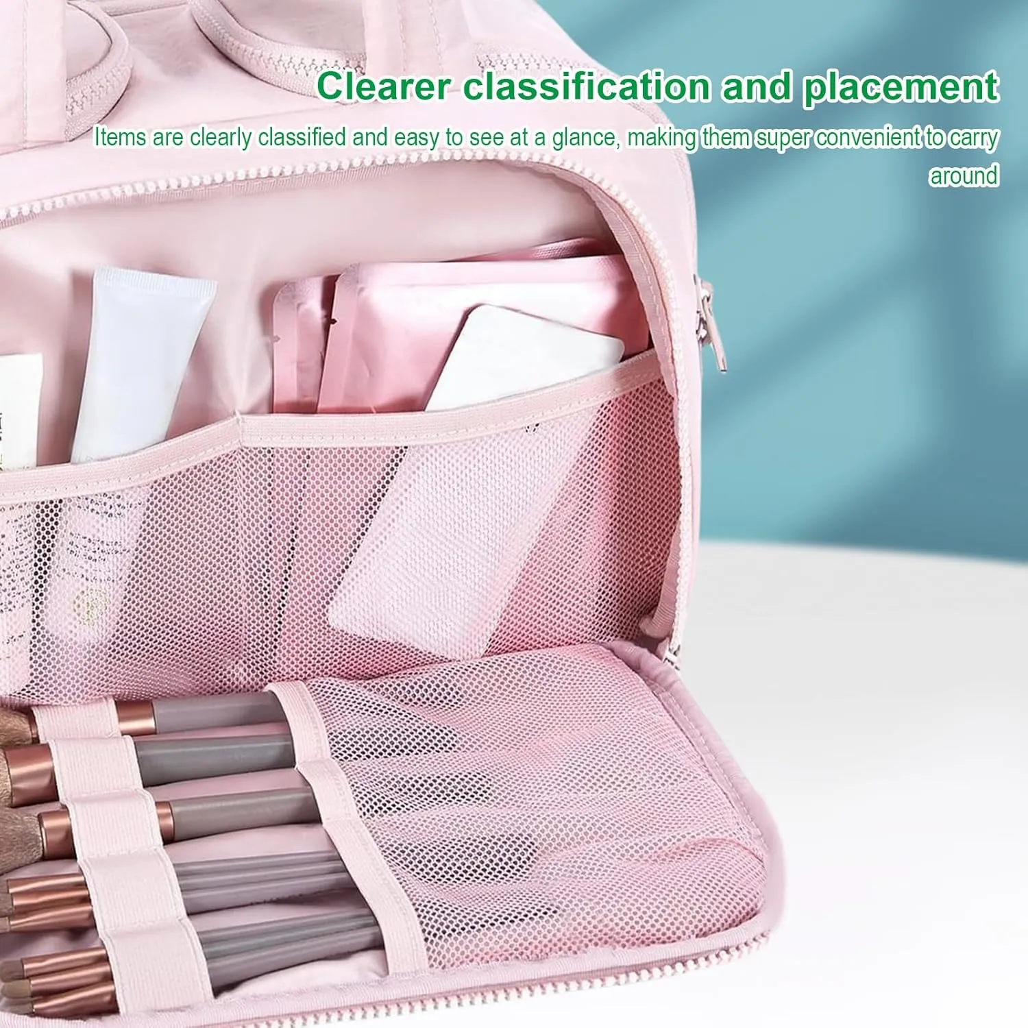 Cureaway Travel Cosmetic Bag, Large Capacity Wide-Open Travel Cosmetic Bag, 4-In-1 Puffy Multi-Functional Toiletry Bag for Women, Organizer Waterproof Lightweight Portable (Beige)