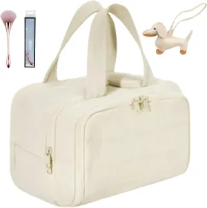 Cureaway Travel Cosmetic Bag, Large Capacity Wide-Open Travel Cosmetic Bag, 4-In-1 Puffy Multi-Functional Toiletry Bag for Women, Organizer Waterproof Lightweight Portable (Beige)