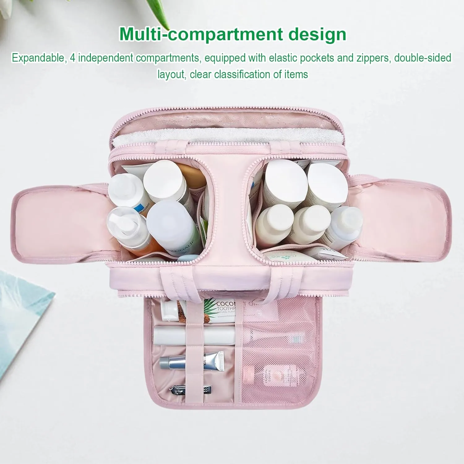 Cureaway Travel Cosmetic Bag, Large Capacity Wide-Open Travel Cosmetic Bag, 4-In-1 Puffy Multi-Functional Toiletry Bag for Women, Organizer Waterproof Lightweight Portable (Green)