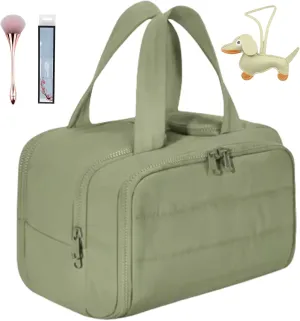 Cureaway Travel Cosmetic Bag, Large Capacity Wide-Open Travel Cosmetic Bag, 4-In-1 Puffy Multi-Functional Toiletry Bag for Women, Organizer Waterproof Lightweight Portable (Green)