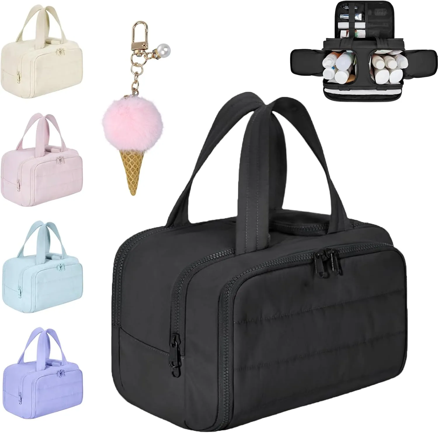 Cureaway Travel Cosmetic Bag, Large Capacity Wide-Open Travel Cosmetic Bag, 4-In-1 Puffy Multi-Functional Toiletry Bag for Women, Wash Pouch Portable Hanging Organizer (Black)
