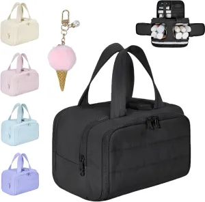 Cureaway Travel Cosmetic Bag, Large Capacity Wide-Open Travel Cosmetic Bag, 4-In-1 Puffy Multi-Functional Toiletry Bag for Women, Wash Pouch Portable Hanging Organizer (Black)