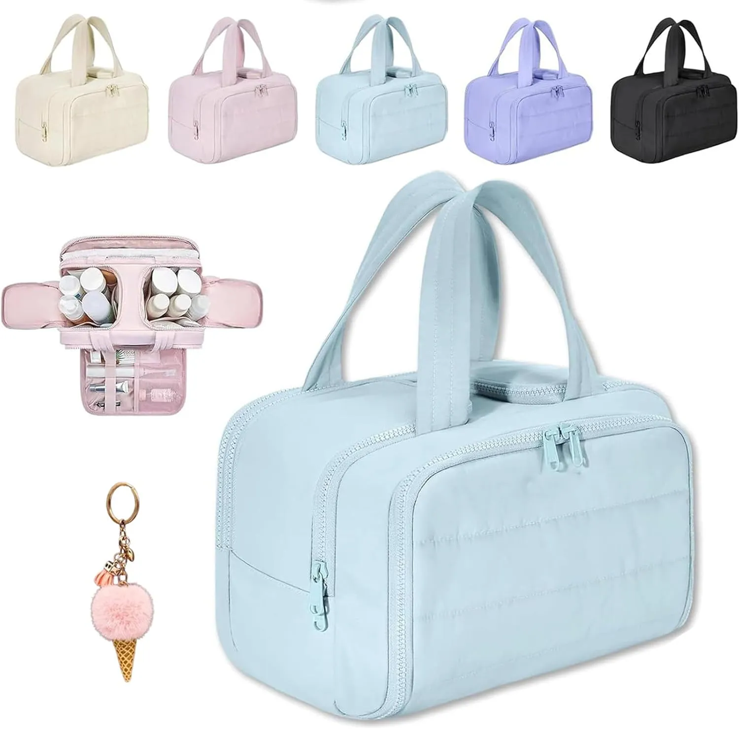 Cureaway Travel Cosmetic Bag, Large Capacity Wide-Open Travel Cosmetic Bag, 4-in-1 Puffy Multi-functional Toiletry Bag for Women, Wash Pouch Portable Hanging Organizer (Blue)