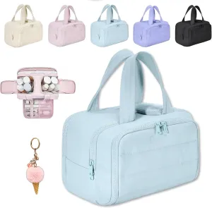 Cureaway Travel Cosmetic Bag, Large Capacity Wide-Open Travel Cosmetic Bag, 4-in-1 Puffy Multi-functional Toiletry Bag for Women, Wash Pouch Portable Hanging Organizer (Blue)