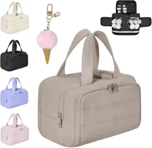 Cureaway Travel Cosmetic Bag, Large Capacity Wide-Open Travel Cosmetic Bag, 4-In-1 Puffy Multi-Functional Toiletry Bag for Women, Wash Pouch Portable Hanging Organizer (Khaki)