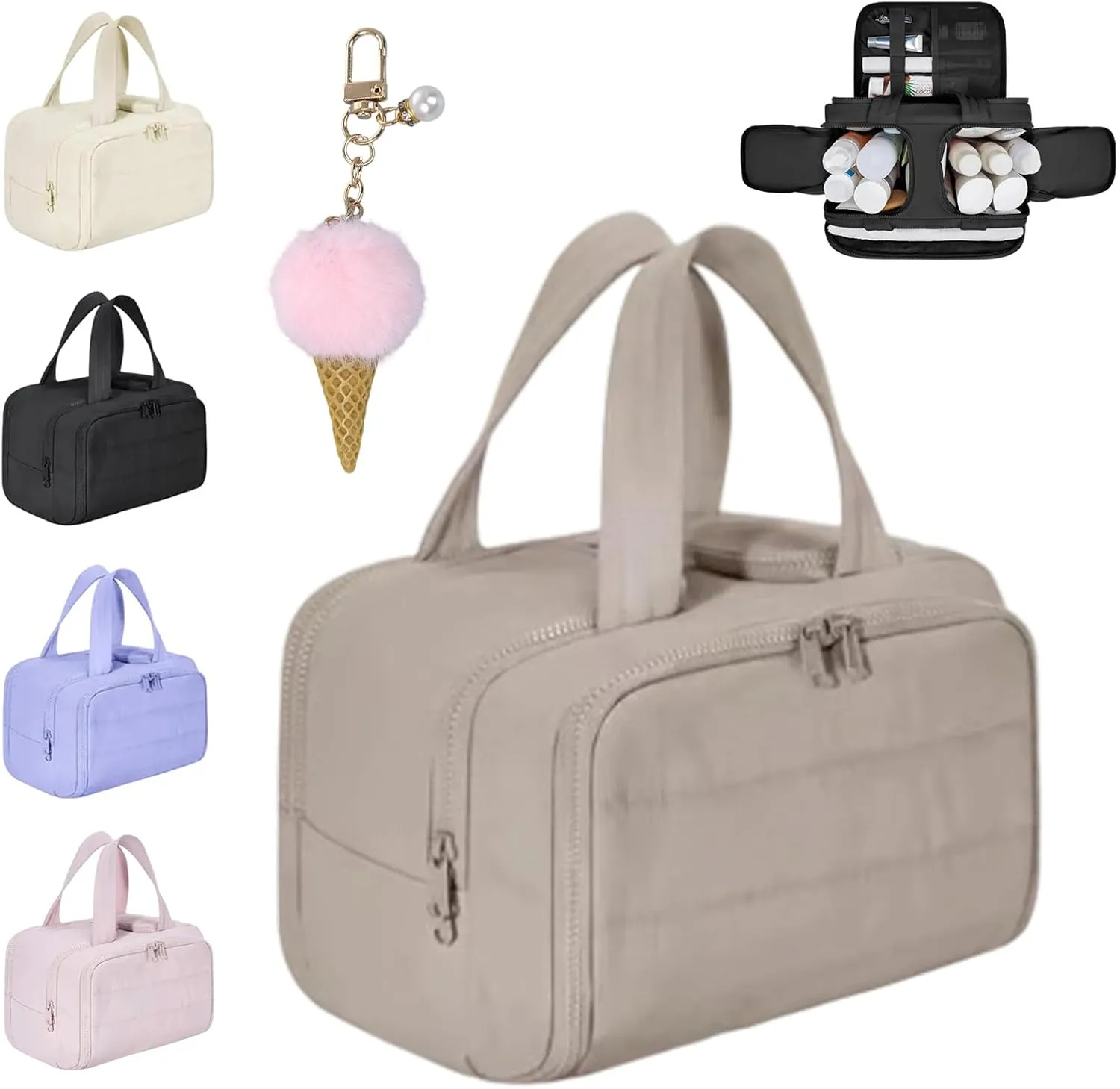 Cureaway Travel Cosmetic Bag, Large Capacity Wide-Open Travel Cosmetic Bag, 4-In-1 Puffy Multi-Functional Toiletry Bag for Women, Wash Pouch Portable Hanging Organizer (Khaki)