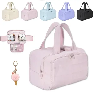 Cureaway Travel Cosmetic Bag, Large Capacity Wide-Open Travel Cosmetic Bag, 4-in-1 Puffy Multi-functional Toiletry Bag for Women, Wash Pouch Portable Hanging Organizer (Pink)