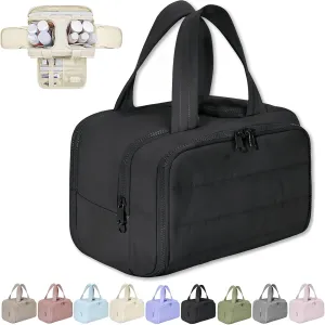Cureaway Travel Cosmetic Bag, Large Capacity Wide-Open Travel Cosmetic Bag, 4-In-1 Puffy Multi-Functional Toiletry, for Women with Divider and Handle (Black)