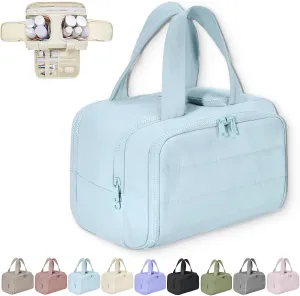 Cureaway Travel Cosmetic Bag, Large Capacity Wide-Open Travel Cosmetic Bag, 4-In-1 Puffy Multi-Functional Toiletry, for Women with Divider and Handle (Blue)