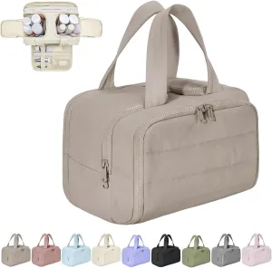 Cureaway Travel Cosmetic Bag, Large Capacity Wide-Open Travel Cosmetic Bag, 4-In-1 Puffy Multi-Functional Toiletry, for Women with Divider and Handle (Brown)