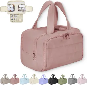Cureaway Travel Cosmetic Bag, Large Capacity Wide-Open Travel Cosmetic Bag, 4-In-1 Puffy Multi-Functional Toiletry, for Women with Divider and Handle (Dark Pink)