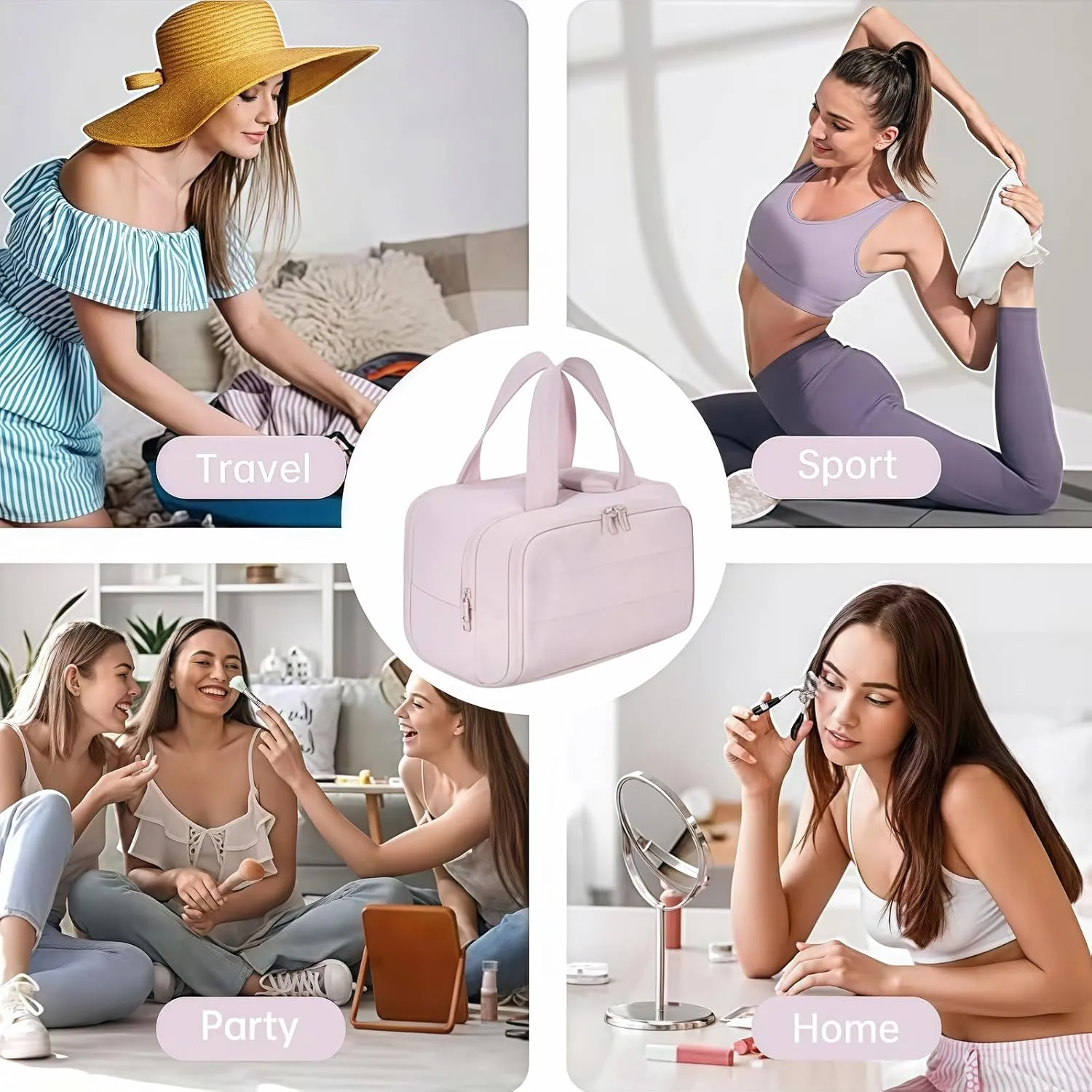 Cureaway Travel Cosmetic Bag, Large Capacity Wide-Open Travel Cosmetic Bag, 4-In-1 Puffy Multi-Functional Toiletry, for Women with Divider and Handle (Dark Pink)