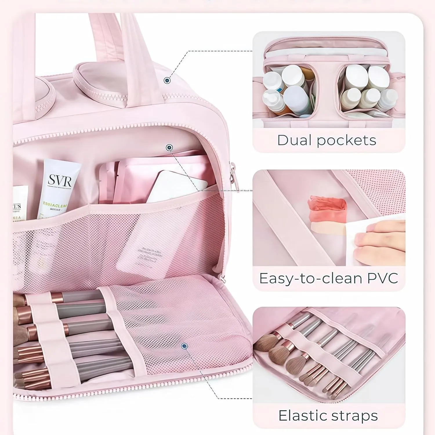 Cureaway Travel Cosmetic Bag, Large Capacity Wide-Open Travel Cosmetic Bag, 4-In-1 Puffy Multi-Functional Toiletry, for Women with Divider and Handle (Dark Pink)