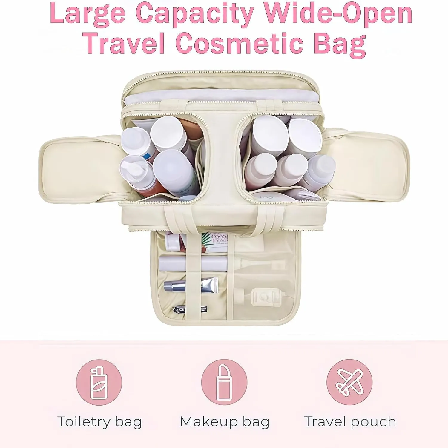 Cureaway Travel Cosmetic Bag, Large Capacity Wide-Open Travel Cosmetic Bag, 4-In-1 Puffy Multi-Functional Toiletry, for Women with Divider and Handle (Gray)