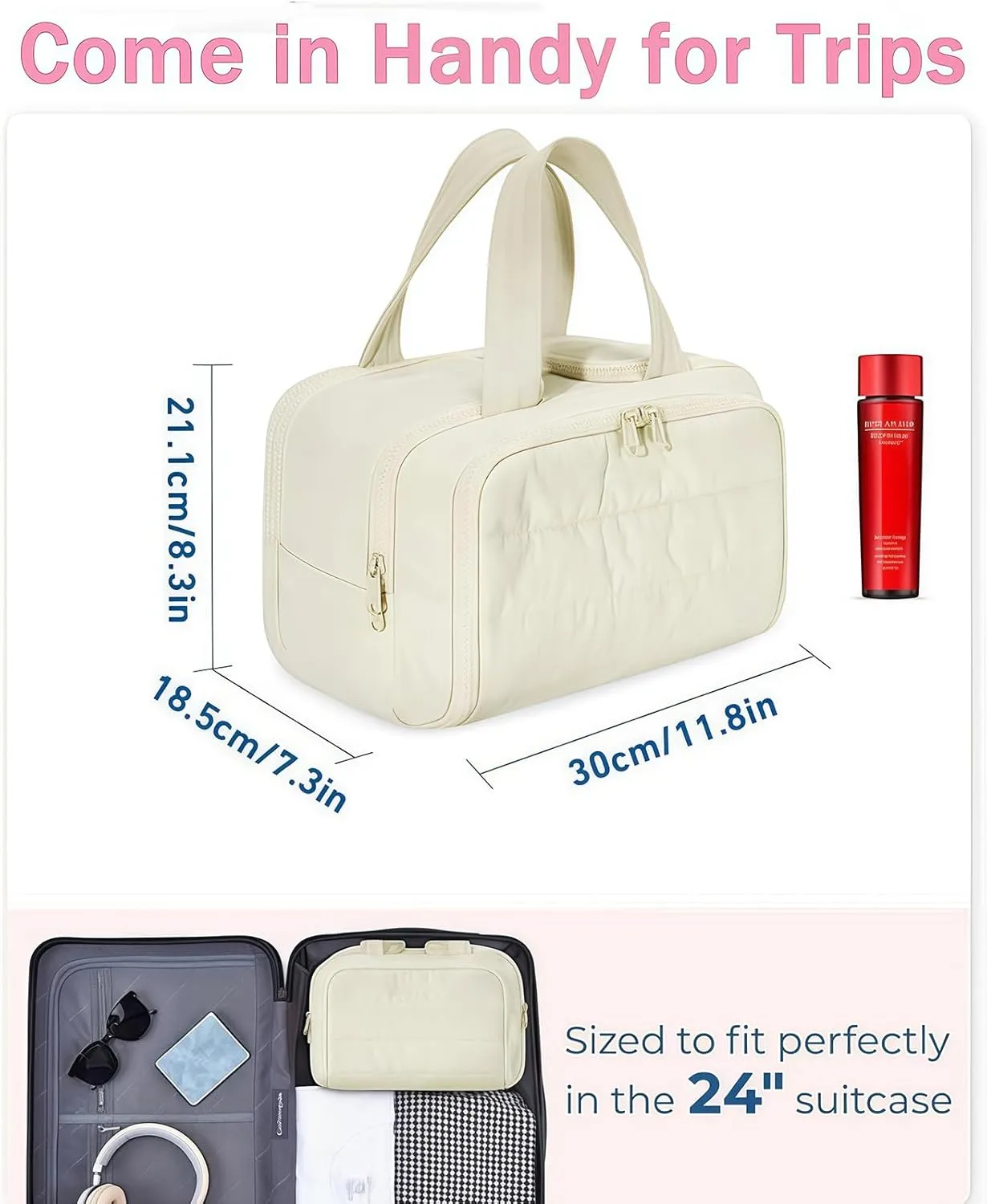 Cureaway Travel Cosmetic Bag, Large Capacity Wide-Open Travel Cosmetic Bag, 4-In-1 Puffy Multi-Functional Toiletry, for Women with Divider and Handle (Gray)