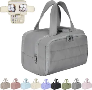 Cureaway Travel Cosmetic Bag, Large Capacity Wide-Open Travel Cosmetic Bag, 4-In-1 Puffy Multi-Functional Toiletry, for Women with Divider and Handle (Gray)