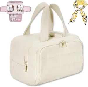 Cureaway Travel Cosmetic Bag, Large Capacity Wide-Open Travel Cosmetic Bag, 4 In 1 Waterproof Puffy Multi-Functional Toiletry Bag for Women with Divider and Handle (Beige)