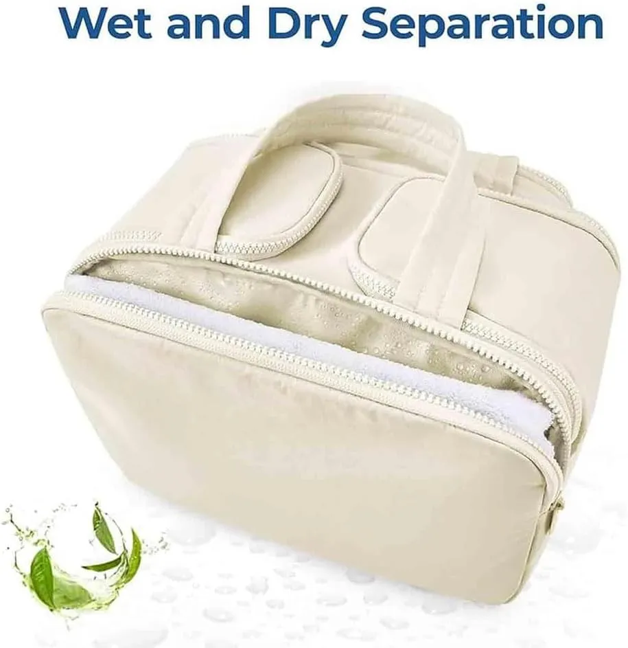 Cureaway Travel Cosmetic Bag, Large Capacity Wide-Open Travel Cosmetic Bag, 4 In 1 Waterproof Puffy Multi-Functional Toiletry Bag for Women with Divider and Handle (Beige)