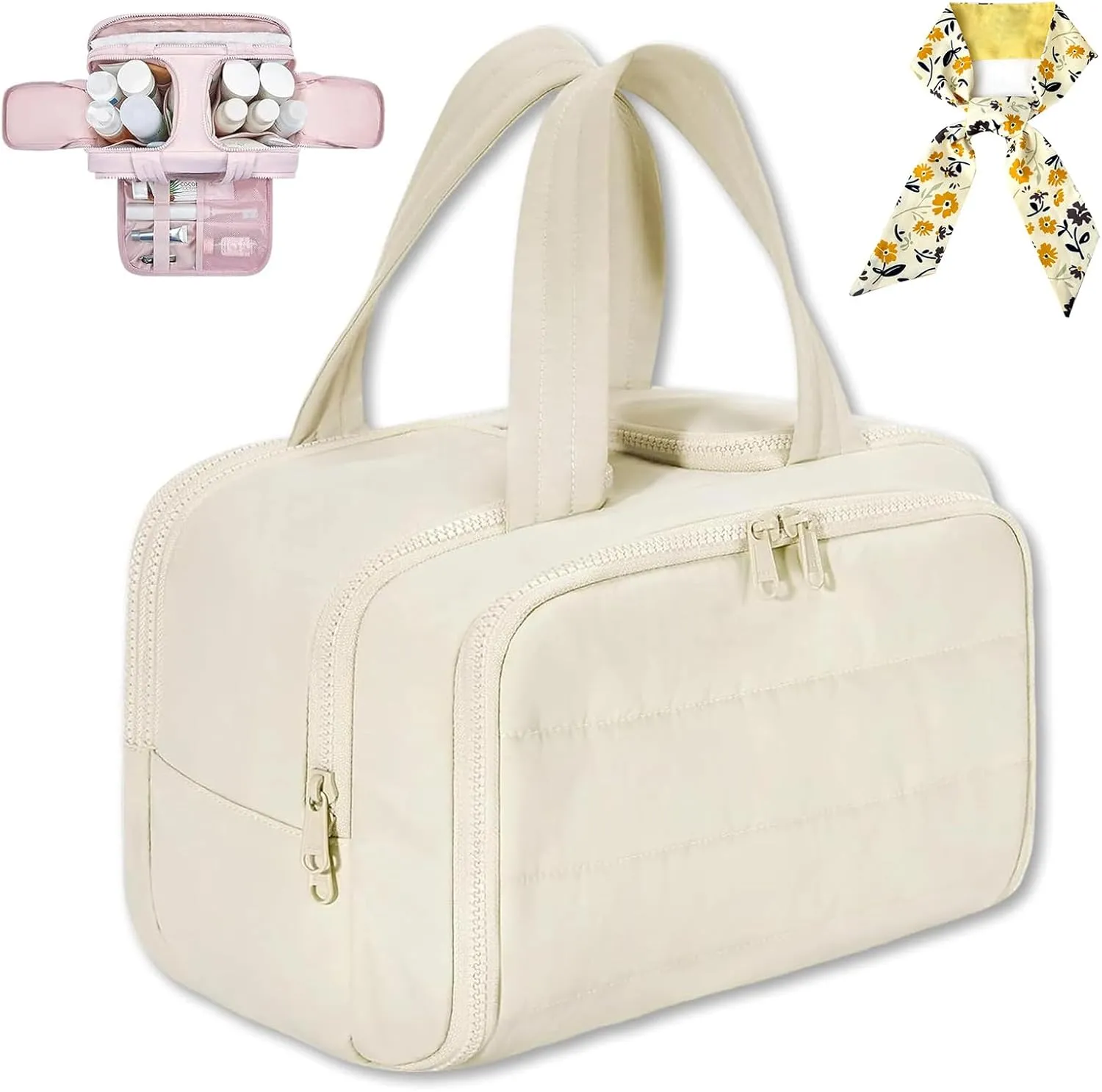 Cureaway Travel Cosmetic Bag, Large Capacity Wide-Open Travel Cosmetic Bag, 4 In 1 Waterproof Puffy Multi-Functional Toiletry Bag for Women with Divider and Handle (Beige)