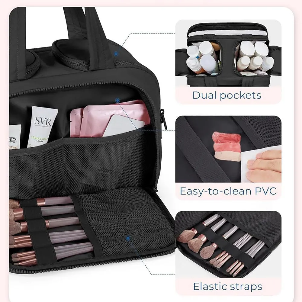 Cureaway Travel Cosmetic Bag, Large Capacity Wide-Open Travel Cosmetic Bag, 4 In 1 Waterproof Puffy Multi-Functional Toiletry Bag for Women with Divider and Handle (Beige)