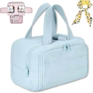 Cureaway Travel Cosmetic Bag, Large Capacity Wide-Open Travel Cosmetic Bag, 4 In 1 Waterproof Puffy Multi-Functional Toiletry Bag for Women with Divider and Handle (Blue)