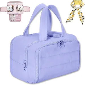 Cureaway Travel Cosmetic Bag, Large Capacity Wide-Open Travel Cosmetic Bag, 4 In 1 Waterproof Puffy Multi-Functional Toiletry Bag for Women with Divider and Handle (Purple)