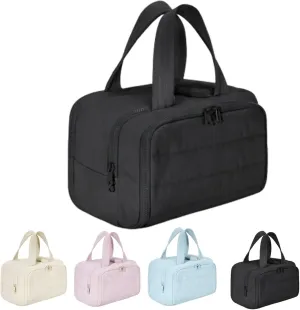 Cureaway Travel Cosmetic Bag, Large Capacity Wide-Open Travel Cosmetic Bag, for Women with Divider and Handle, 4-In-1 Puffy Multi-Functional Toiletry Bag for Women (Black)