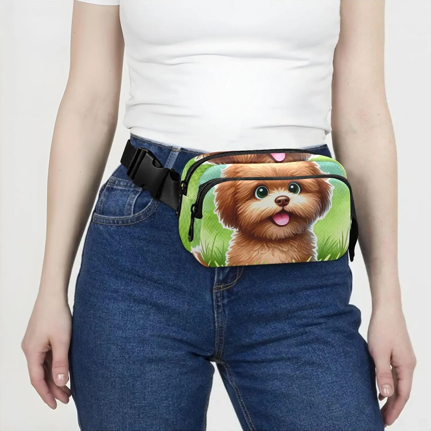 Cute Brown Dog Cartoon Fanny Packs Women Waterproof Hip Bag Belt Pouch Flower Waist Bag for Women
