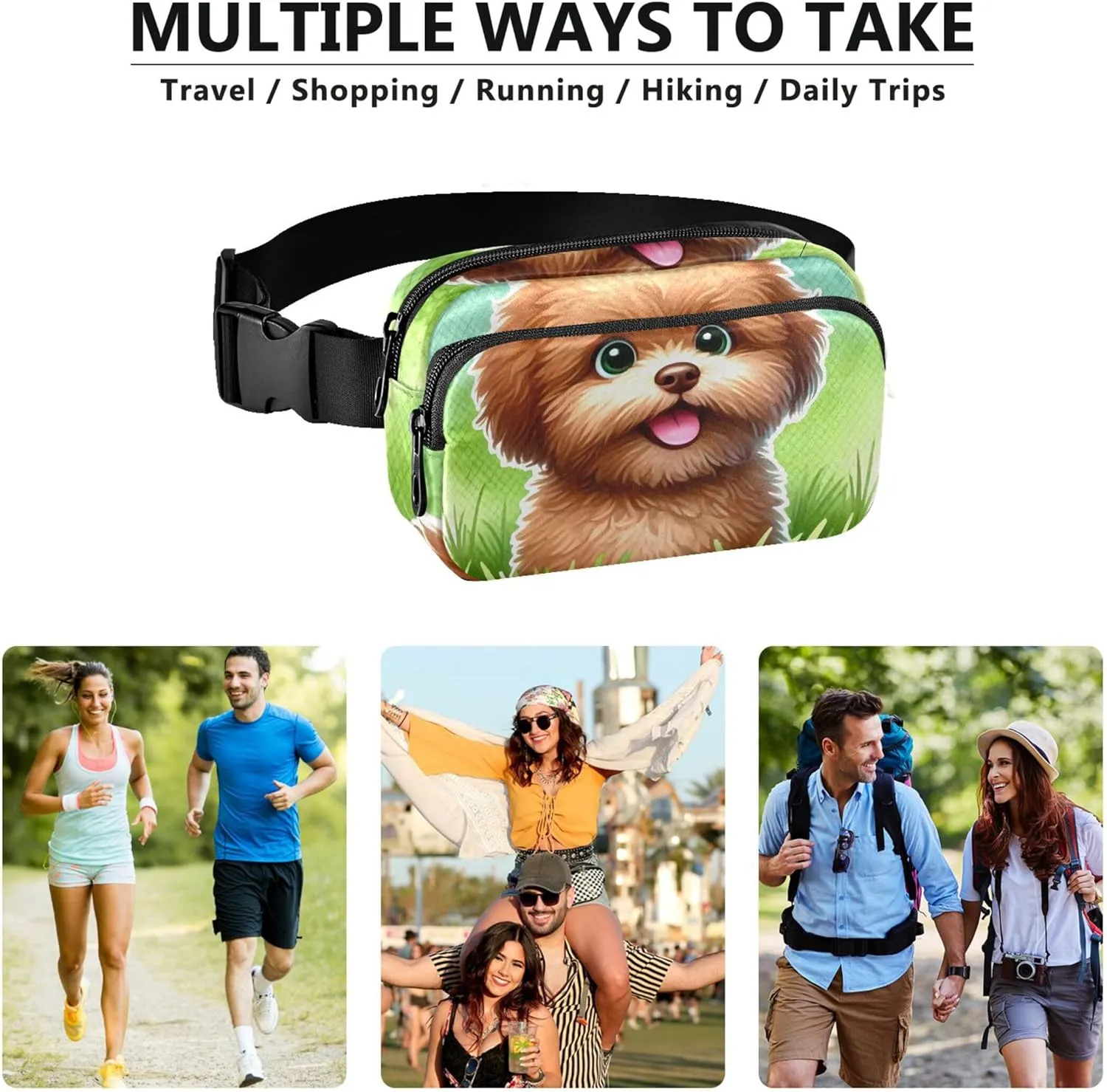 Cute Brown Dog Cartoon Fanny Packs Women Waterproof Hip Bag Belt Pouch Flower Waist Bag for Women