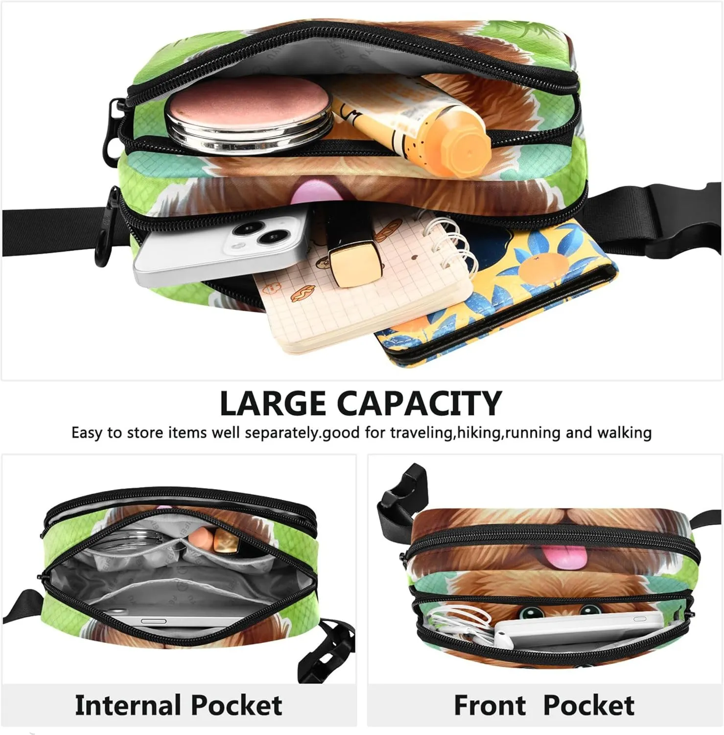Cute Brown Dog Cartoon Fanny Packs Women Waterproof Hip Bag Belt Pouch Flower Waist Bag for Women