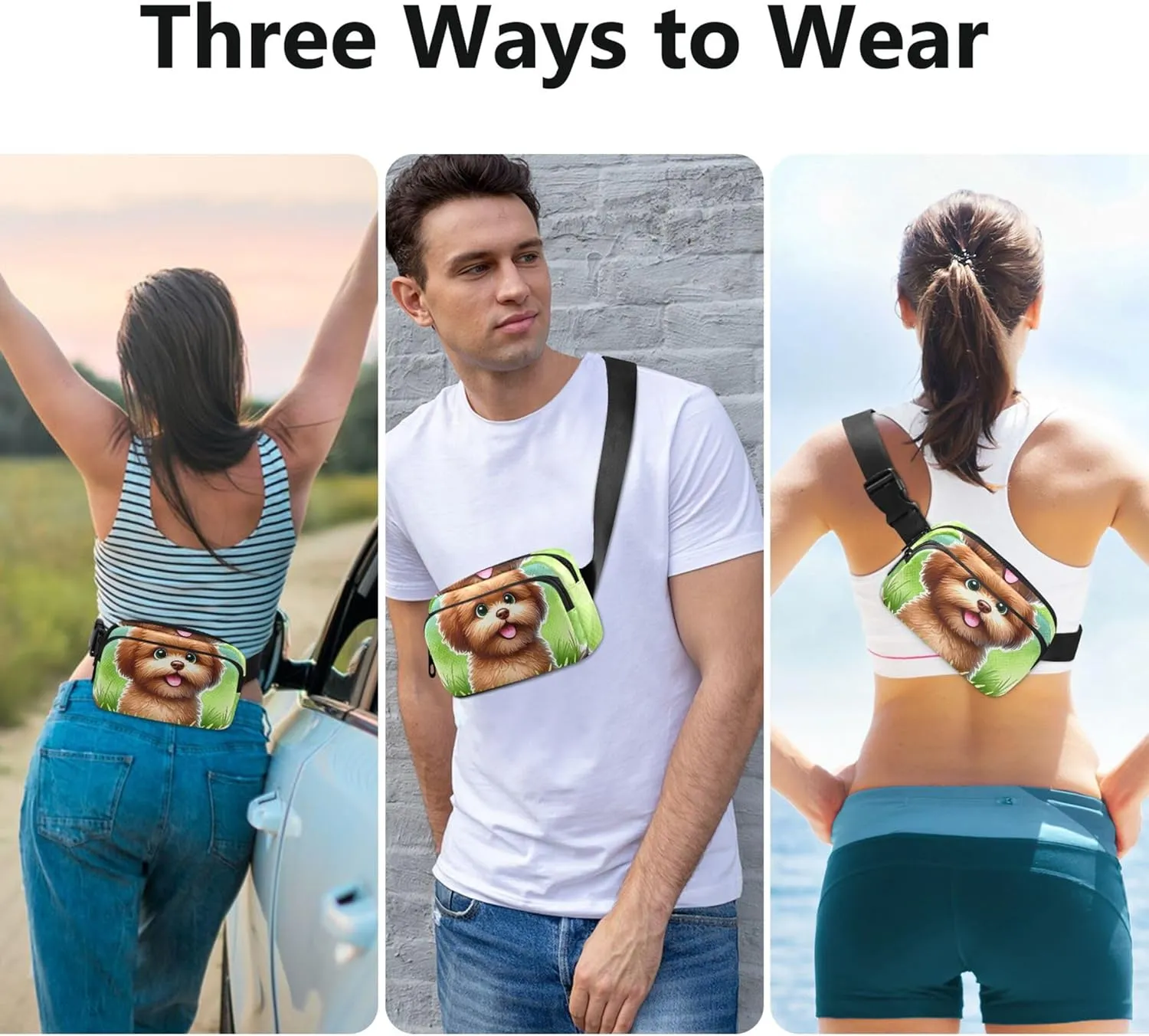 Cute Brown Dog Cartoon Fanny Packs Women Waterproof Hip Bag Belt Pouch Flower Waist Bag for Women