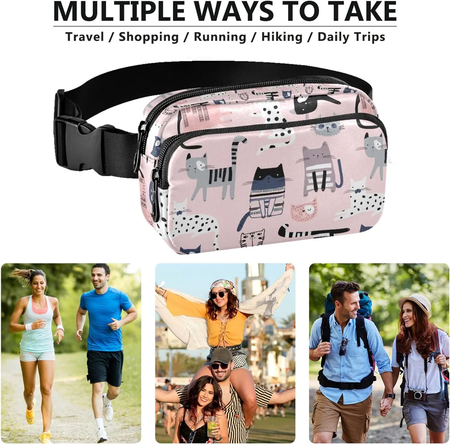 Cute Cats Pink Waterproof Fanny Packs for Women Hip Pack Belt Bag Funky Travel Waist Bag