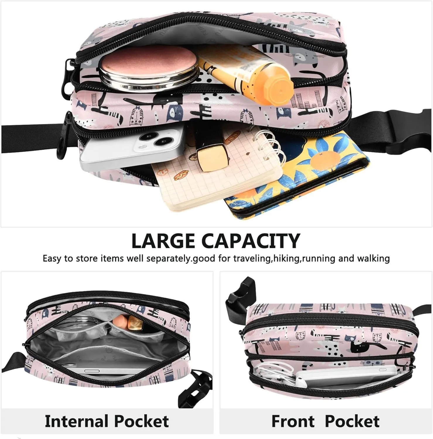 Cute Cats Pink Waterproof Fanny Packs for Women Hip Pack Belt Bag Funky Travel Waist Bag