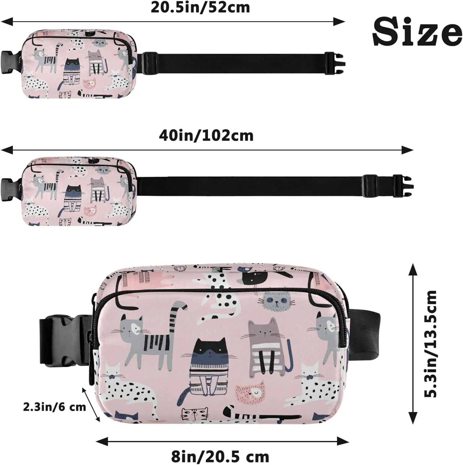 Cute Cats Pink Waterproof Fanny Packs for Women Hip Pack Belt Bag Funky Travel Waist Bag