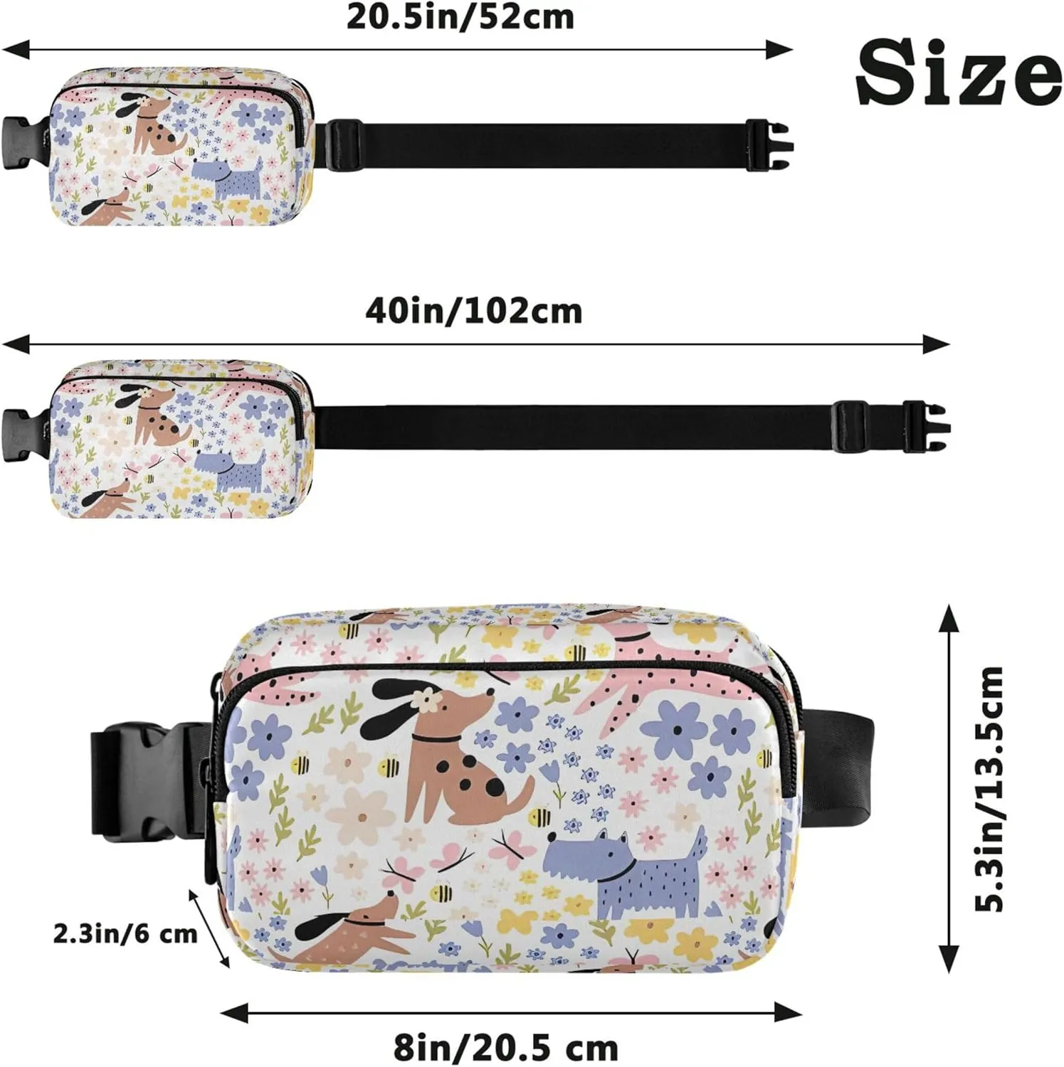 Cute Dogs Flowers Waterproof Fanny Packs Women Anti Theft Belt Bag Funky Crossbody Waist Pack