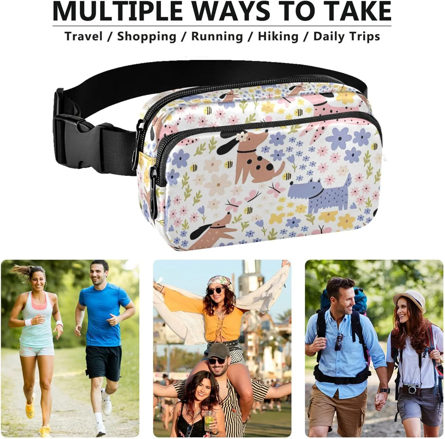 Cute Dogs Flowers Waterproof Fanny Packs Women Anti Theft Belt Bag Funky Crossbody Waist Pack