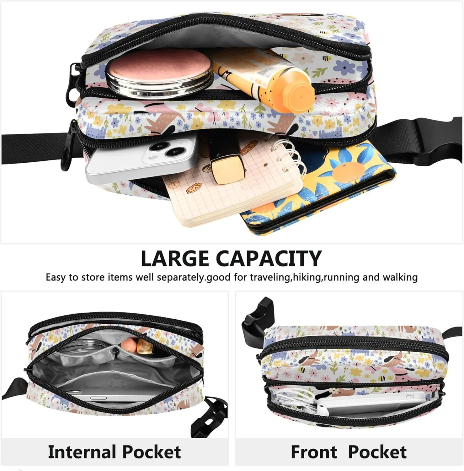 Cute Dogs Flowers Waterproof Fanny Packs Women Anti Theft Belt Bag Funky Crossbody Waist Pack