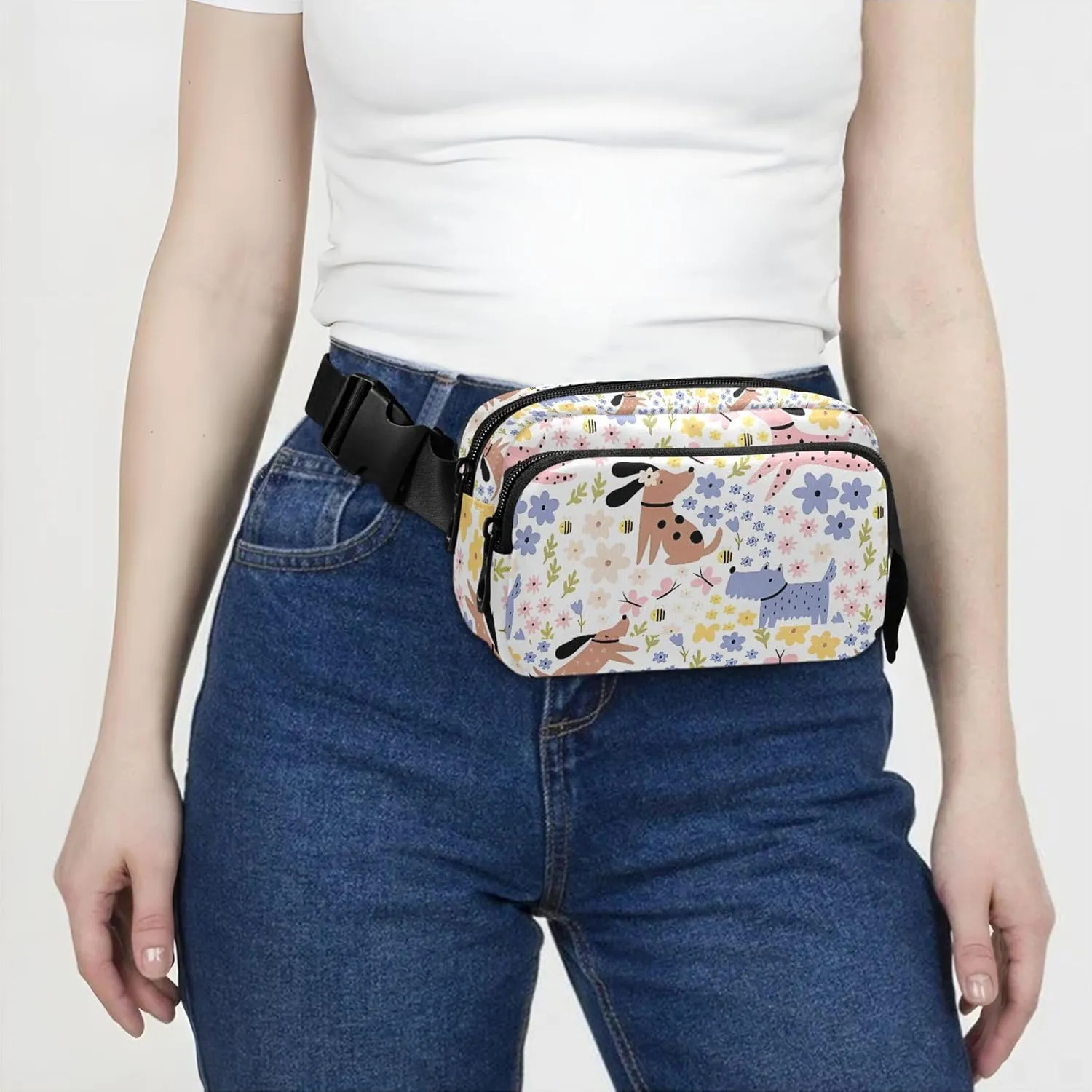 Cute Dogs Flowers Waterproof Fanny Packs Women Anti Theft Belt Bag Funky Crossbody Waist Pack