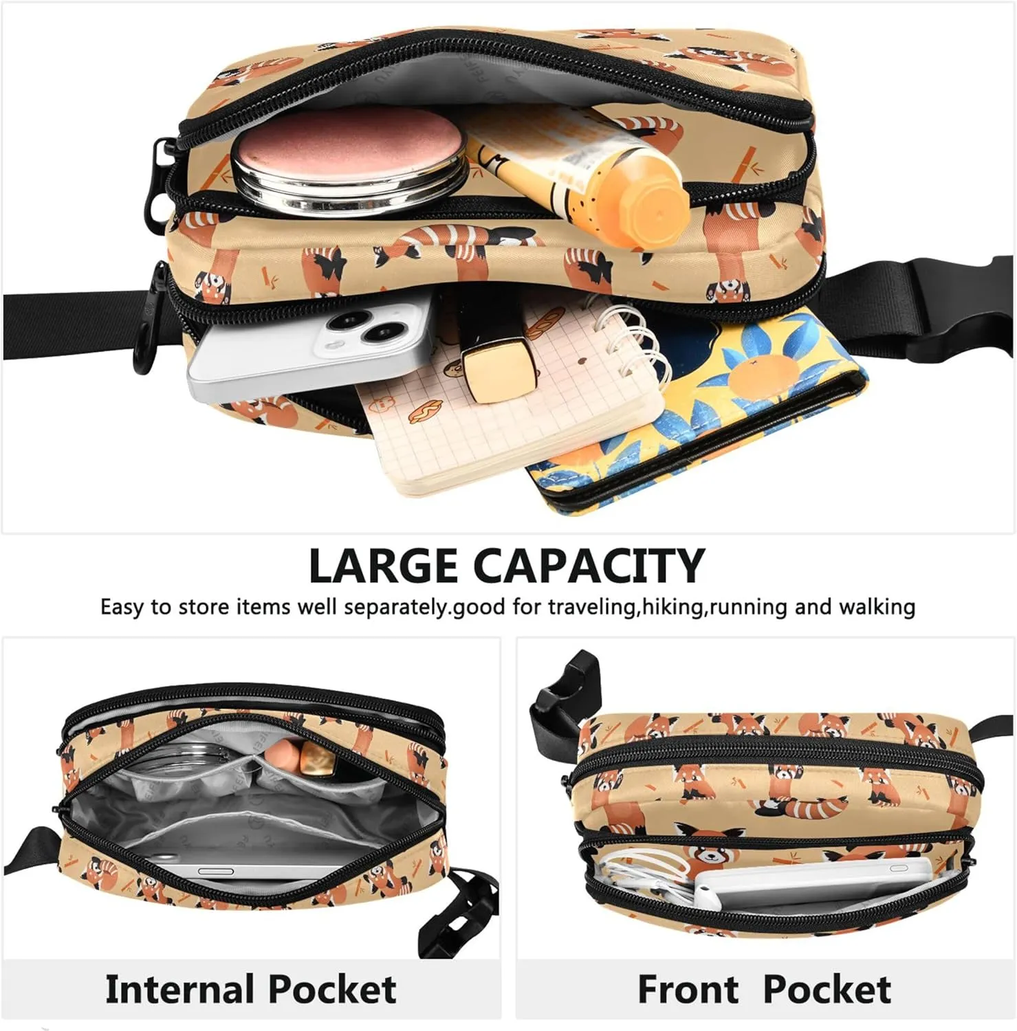 Cute Red Panda Bear Orange Fanny Pack for Women Hiking Belt Bag Hip Pack Waterproof Cross Body Waist Pack