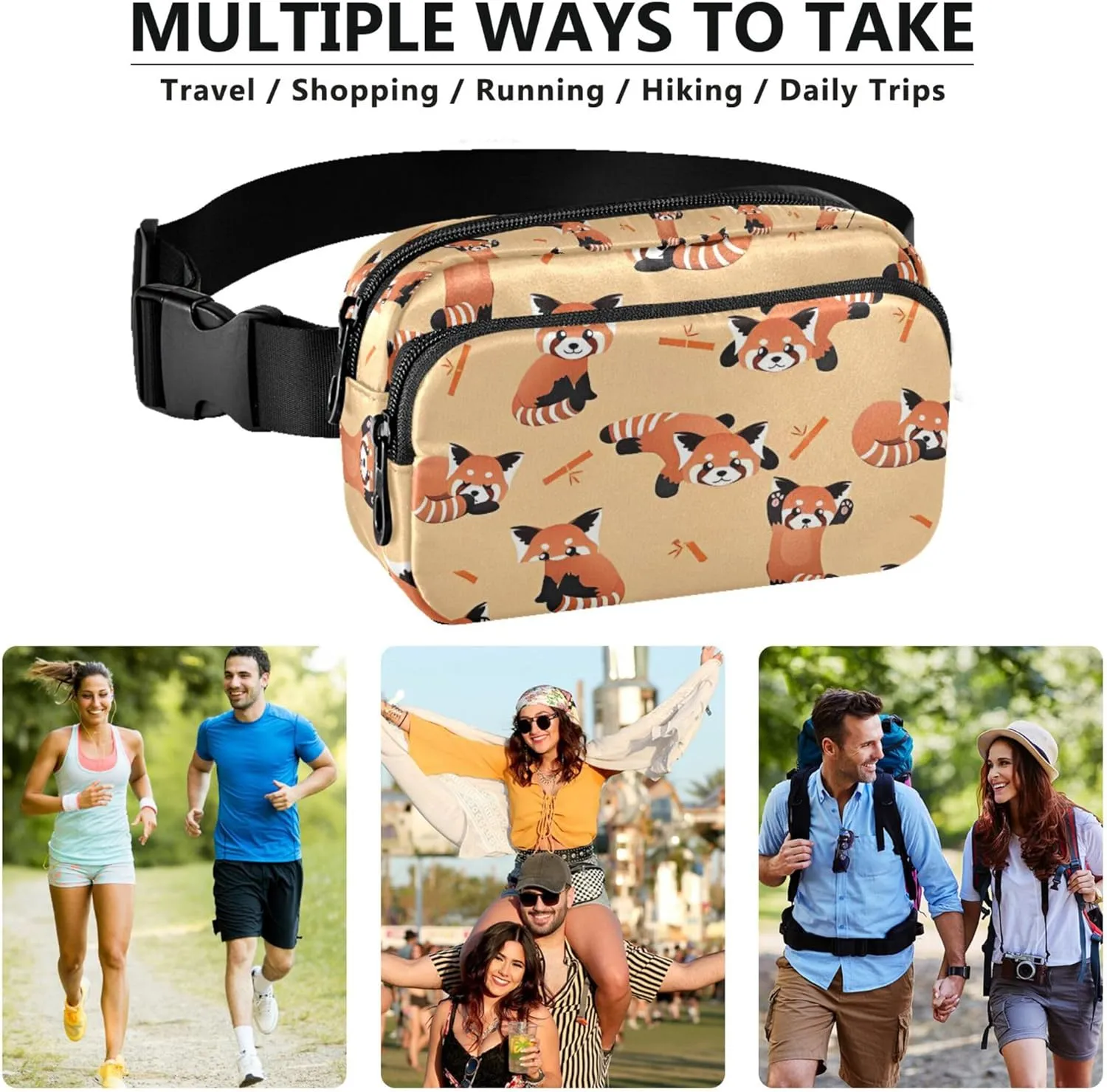 Cute Red Panda Bear Orange Fanny Pack for Women Hiking Belt Bag Hip Pack Waterproof Cross Body Waist Pack